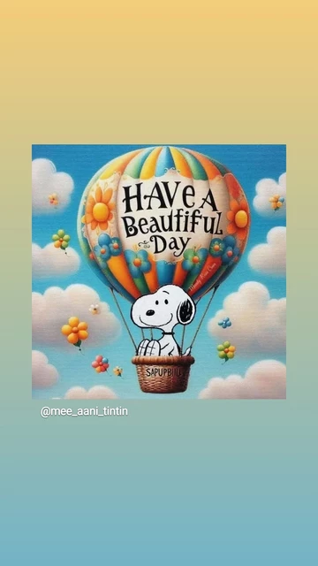 Snoopy ist unterwegs in einem bunten Heißluftballon, in der Luft Blumen aus Heliumgefüllten Luftballons.
Auf dem Ballon steht 'have a beautiful day'.
