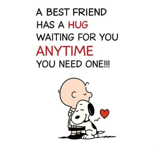 Snoopy umarmt Charlie Brown, er lächelt glücklich, hinter seinem Kopf erscheint ein Herz.
Text: a best friend has a hug waiting for you anytime you need one!