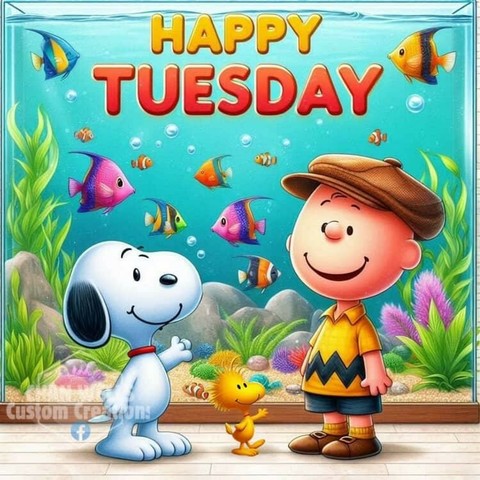 Snoopy, Woodstock und Charlie Brown besuchen ein Aquarium mit bunten tropischen Fischen, sie wünschen 'Happy Tuesday'