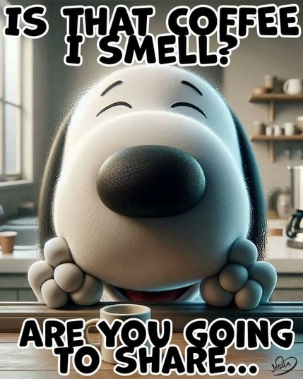 Snoopy hält seine Hundeschnauze direkt vor die imaginäre Kamera, wodurch sie riesig erscheint. Vor ihm steht ein coffeepot. 
Text:
Is that coffee I smell?
Are you going to share?