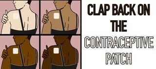 Drawings of four figures wearing a contraceptive patch. On the lightest skin, the patch is almost invisible. On four darker skin tones, it is highly visible. It is captioned "Clap back on the contraceptive patch"