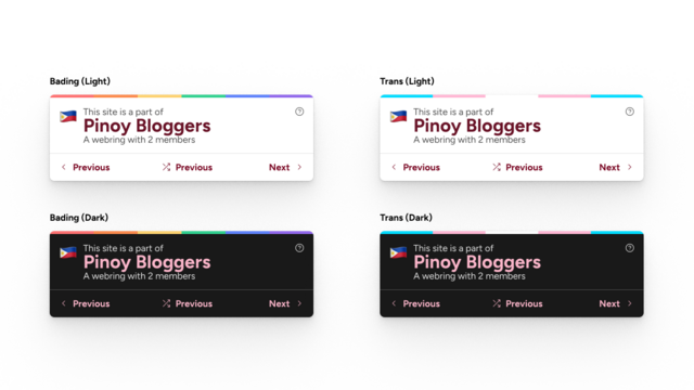 Different themes for a webring widget. In this image, dark and light modes are provided for the following themes:

Bading is a theme that features a rainbow band on top of the widget.

Trans is a theme that features a band of colors from the trans pride flag.