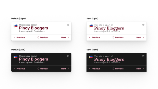 Different themes for a webring widget. In this image, dark and light modes are provided for the following themes:

The default theme features a sans-serif text.

The serif theme features the default theme except with serif fonts and no corner radius.