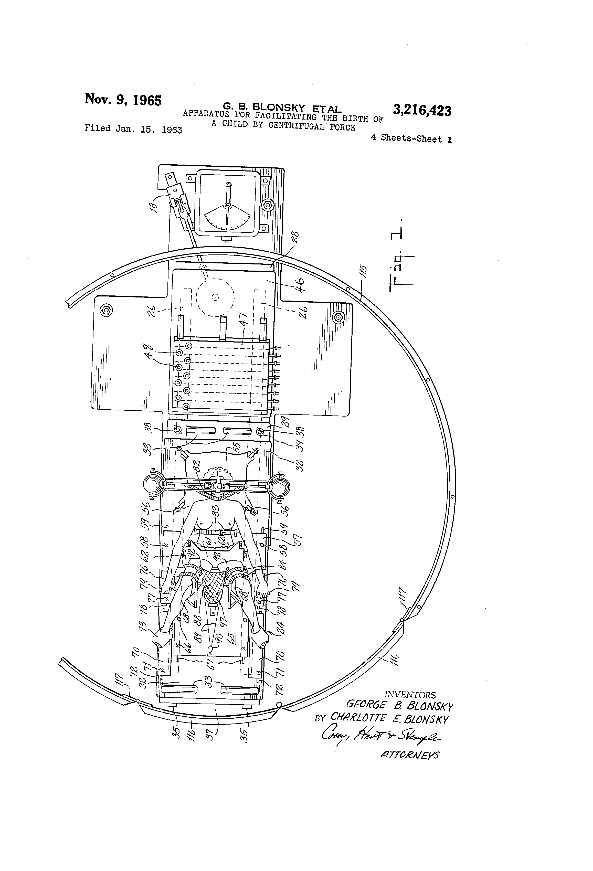 Patent from 1965 by G. B. Blonsky et al. It is a schematic for a centrifuge. A large circle encompasses a ballast and a stretcher with a person strapped flat to it. The person is strapped at the head, legs and feet with legs wide. A net is over the pelvis. There is a control deck.