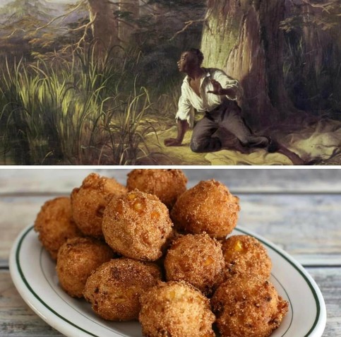 2 parts
Top: a painting of an escaping slave in the woods
Bottom: a plate of hush puppies