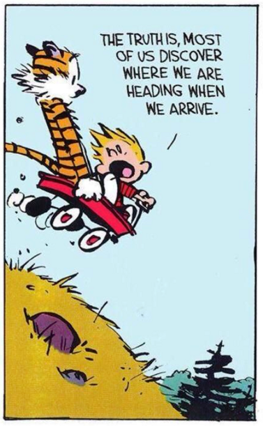 Calvin to Hobbes while rolling down a slope in their wheeled crate:
"The truth is, most of us discover where we are heading when we arrive."