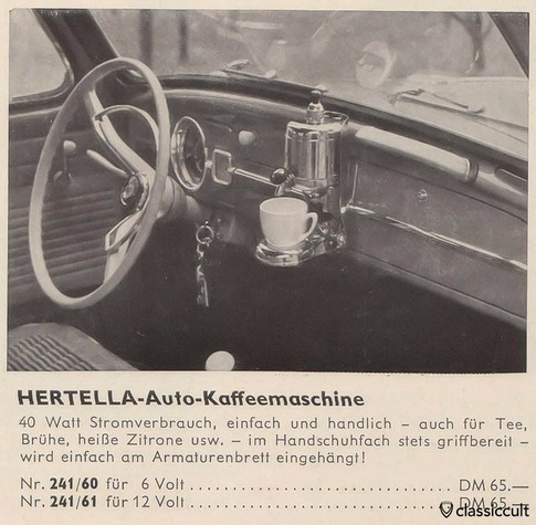 B&W photo of interior of car with coffee machine installed
Original description in German, with prices for 6 or 12 Volt.