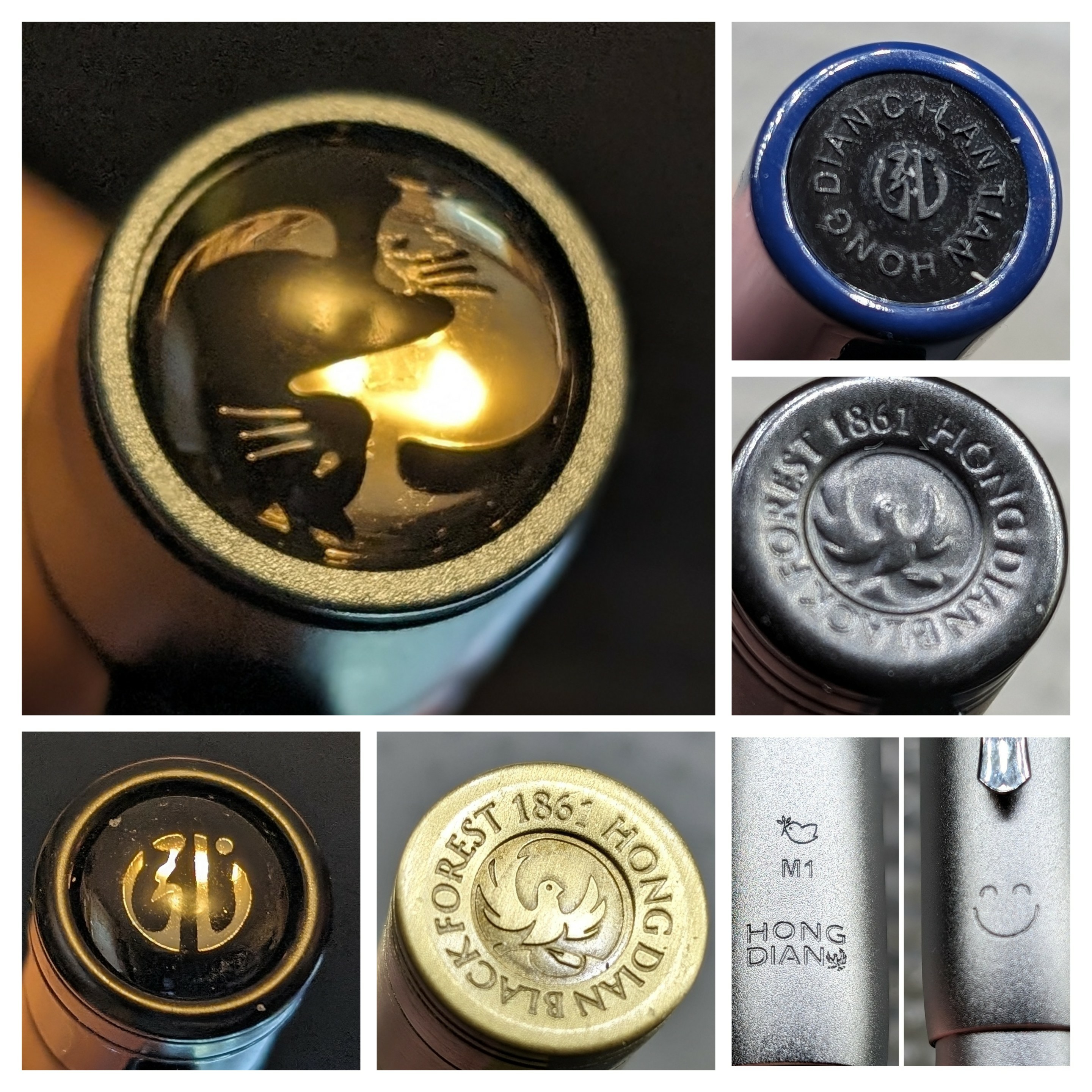 Collage with one large photo in upper left and five other smaller photos to its right and below.

All photos are of the end ("final") of a pen except the lower right which is split between two views of the side of a pen cap.

* Upper Left - M2 Black Forest Mini - Midnight Blue - Cat under glossy dome

* Upper Right - C1 - Dark Blue - Company Logo with text circling it "Hong Dian C1 Lantian"

* Middle Right - 1861 Black Forest Pro - Carbon Fiber - Bird (Low detail) with text circling it "Hong Dian Black Forest 1861"

* Lower Right - M1 - Silver - Split between views of the pen cap: Small Bird with a branch in its mouth above text saying "M1 Hong Dian" followed by another small bird / Smile under the clip

* Bottom Middle - 1861 Black Forest Pro - Raw Brass - Bird (High detail) with text circling it "Hong Dian Black Forest 1861"

* Bottom Left - Black Forest - Matte Black - Company Logo under glossy dome

The company logo also sort of has a cat-like shape in the negative space of the left side.
