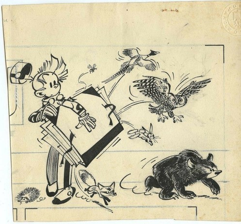 Dessin noir et blanc : Spirou porte un carton à dessins dont s'échappent des animaux, faisan, chouette, hérisson, renard, lapin, abeille, ours...