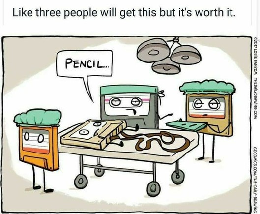 In an operating room, an audio cassette on the table, with part of the tape out.
The characters are also audio cassettes, 1 surgeon and 2 nurses. The surgeon asks for a "pencil"...