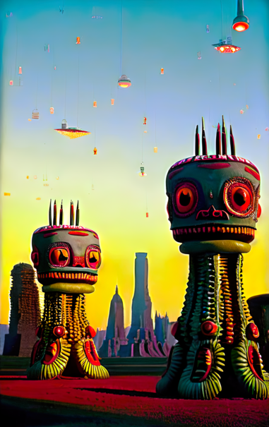 an illustrated picture postcard featuring  a pair of tall residences constructed to resemble alien individuals--large heads on pedestal bodies--in a pseudo-tiki style