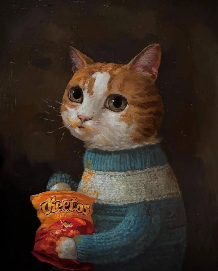 Painting by Alison Friend (https://alisonfriend.com) depicting an orange tuxedo cat with white fur on its face. The cat is sitting upright and wearing a blue sweater with a wide white horizontal stripe below the neckline. The cat is eating from a bag of Cheetos held in its left paw. The cat's paws, face, and front of the sweater are covered in orange Cheeto dust.