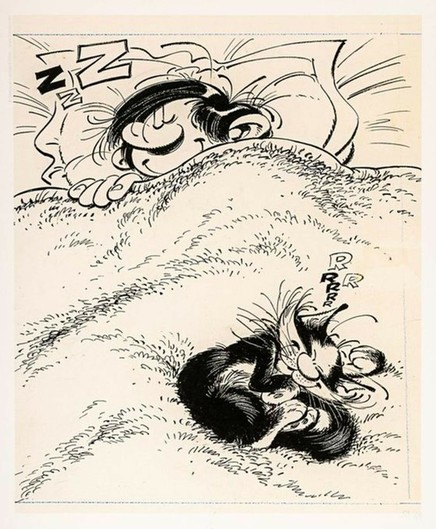 Dessin en noir & blanc de Franquin.
Gaston dort paisiblement dans son lit.
A ses pieds, sur la couverture, dort le "chat fou" en boule, enroulé sur lui-même.
