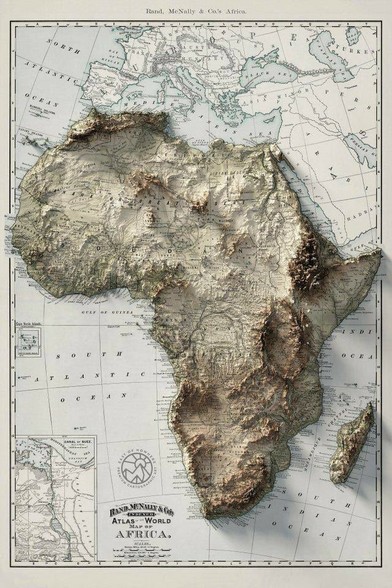 A beautiful map of the African continent with shaded relief (2D).