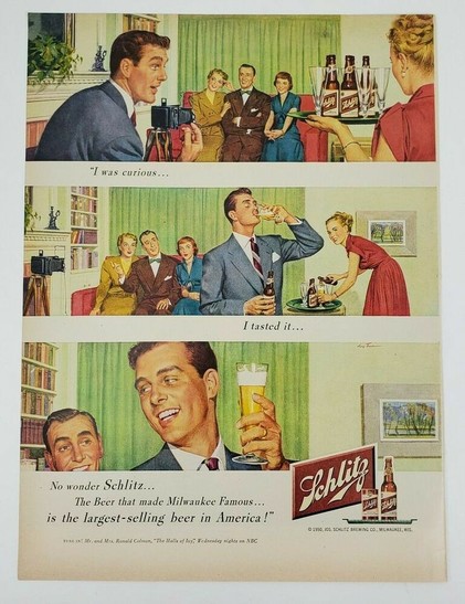 Vintage ad for Schlitz beer. A series of illustrations of people in a domestic setting. A man is about to take a photo of a group of people, when he notices a woman coming in, carrying a tray of beers. He takes a drink from a glass of beer as the others look on, then throws a leering smile at the only other man in the room. Tagline reads: 