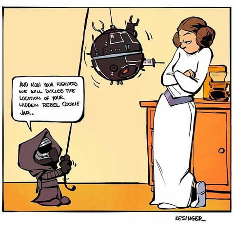 Calvin as a (very small) Dark Vador, holding, via a rope, a small Death Star, attached to the ceiling, with a syringe in front, tells Mom, as Princess Leia: "And now your highness, we will discuss the location of your hidden rebel cookie jar."
