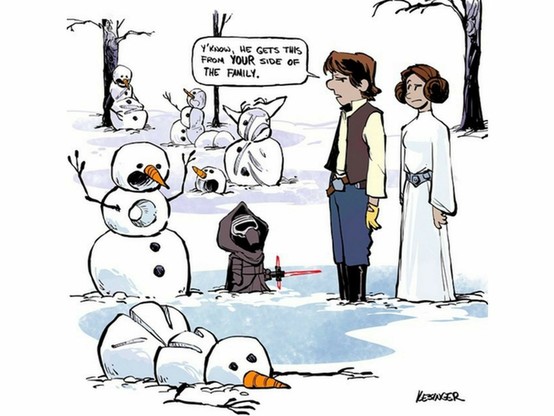 In the garden, Calvin as a small Dark Vador, built plenty of snowmen and inflicted multiple injuries to many of them with his plastic "laser" sword (lightsaber).
Dad, as Han Solo, tells Mom, as Princess Leia: "Y'know, he gets this from YOUR side of the family."