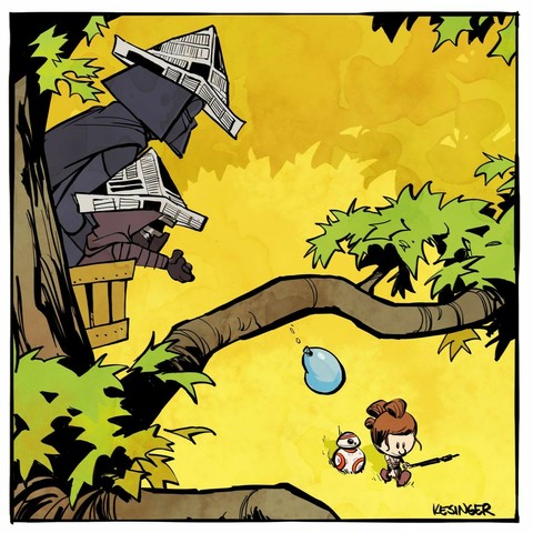 Calvin and Hobbes, in Dark Vador-like attire, with their usual newspaper hat,  in their "pirates' nest" in the tree, drop a water bomb on Suzie (as a small Princess Leia?), accompanied by a small round white and red robot.