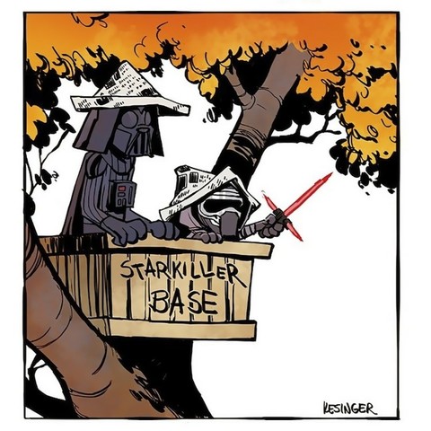 Calvin and Hobbes, in Dark Vador-like attire, with their usual newspaper hat,  in their "pirates' nest" in the tree, renamed the "Starkiller Base", in autumn.
Calvin holds a red plastic sword.
