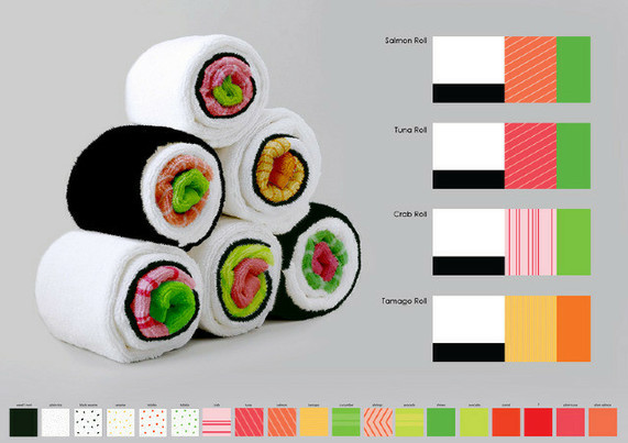Towels designed and rolled to look like various sushi kinds