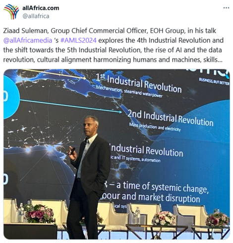 Ziaad Suleman, Group Chief Commercial Officer, EOH Group, in his talk @allAfricamedia ‘s #AMLS2024 explores the 4th Industrial Revolution and the shift towards the 5th Industrial Revolution, the rise of AI and the data revolution, cultural alignment harmonizing humans and machines, skills…