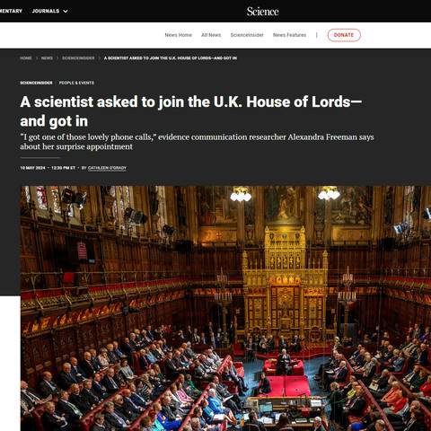 Image of article on the Science website titled: “A scientist asked to join the U.K. House of Lords—and got in”