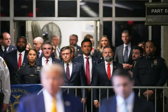 Trump surrogates standing behind him during break in his New York criminal trial.