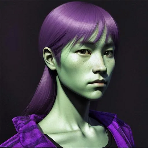 AI-generated image.
prompt: Self Portrait by Absolute Reality v1.8.1 image generation model. Chiaroscuro purple green

A woman of indeterminate race rendered in purple and green.