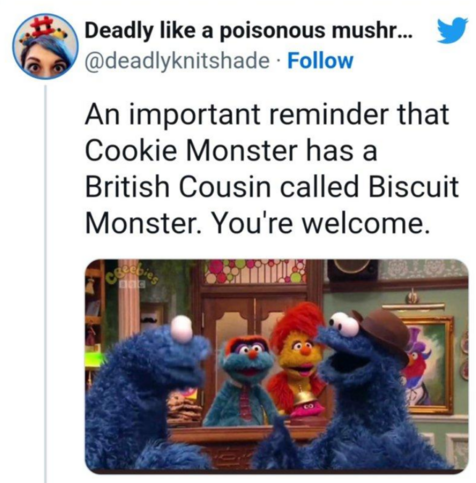 An important reminder that Cookie Monster has a British Cousin called Biscuit Monster. You're welcome.