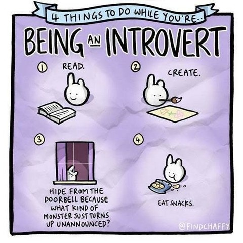 4 Things to do while you're...
BEING an INTROVERT
1 READ
2 CREATE
3 HIDE FROM THE DOORBELL bc WHAT  KIND of MONSTER JUST TURNS UP UNANNOUNCED?
4 SNACKS

A nice drawing/comic, mostly in purple, with what looks like a round rabbit, by FINDCHAFFY