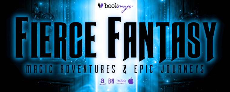 Fierce Fantasy banner in electric blue and white with black background. Promo in Bookfunnel for 125 plus fantasy books in all subgenres