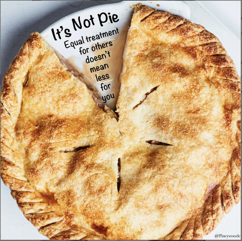 An apple pie, missing a slice. In the empty space this pie shaped slice of wisdom. 
   IT’S NOT PIE
Equal treatment
    for others
      doesn’t
       mean
        less
         for
         you