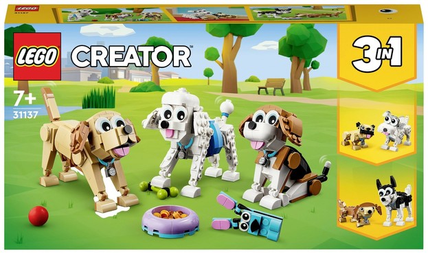 a Lego Creator set with dog figurines and dog accessories. the main set is a light brown lab, a white poodle, and a beagle, but they can be rebuilt into a pug and a terrier, or a dachshund and a husky.