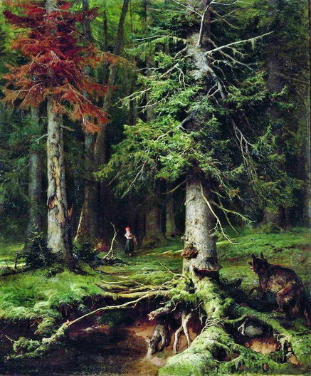In a green wood, a young Little Red Riding Hood is watched by a wolf. Art by Julius Sergius von Klever.