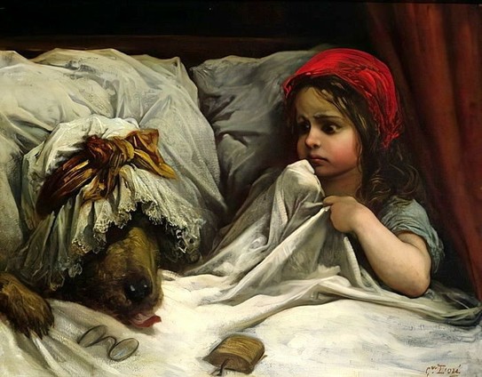 Little Red Riding hood looking at the wolf dressed as granny. Art by Gustave Doré.