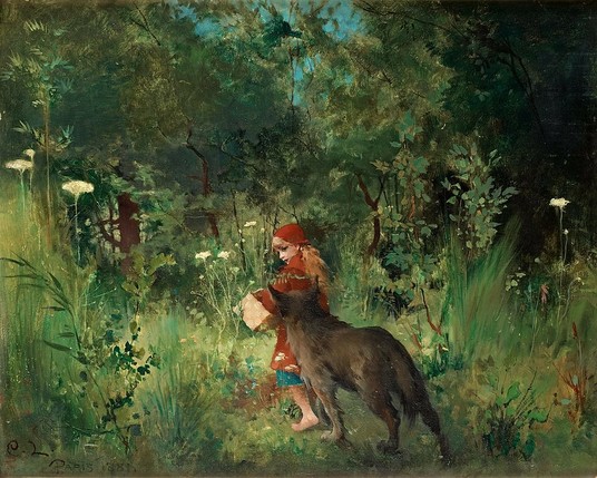 Little Red Riding Hood and the wolf passing through a lush green forest. Art by Carl Larsson.
