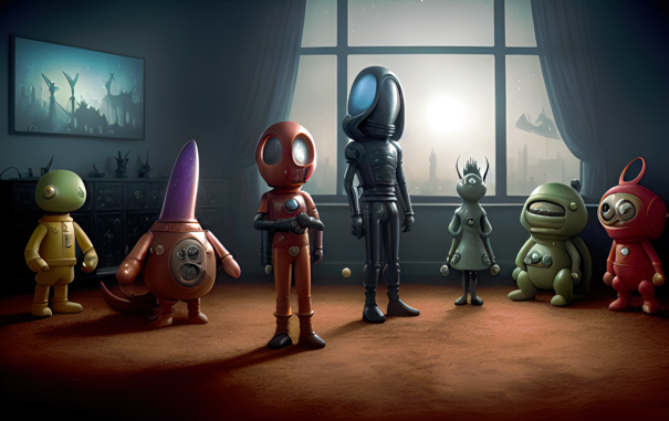 a photographic depiction of an array of humanoid vinyl figurines standing on the carpeted floor of a to-scale room, like a cleared living-room space
