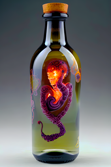 a photographic depiction of a corked glass bottle containing a largely unformed glowing entity with a humanoid head floating in an unknown medium