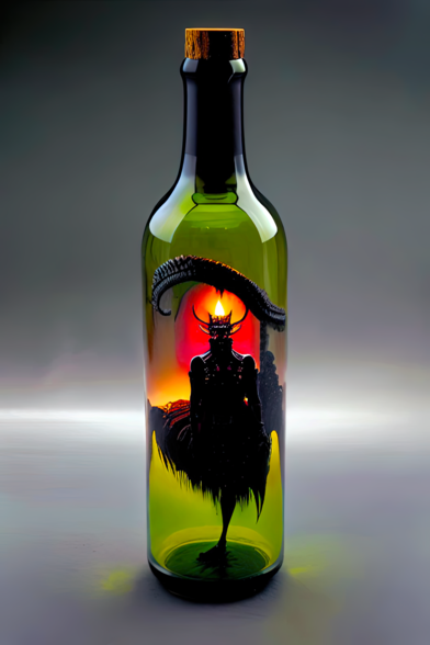 a photographic depiction of a corked green glass bottle containing a small horned humanoid entity and at least one stray tentacle