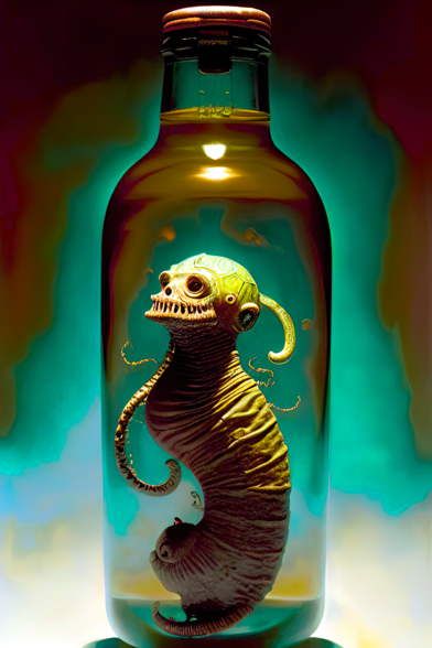 a semi-photographic illustration of a sealed glass bottle containing a pupa of some kind with a humanoid-seeming skull-like head