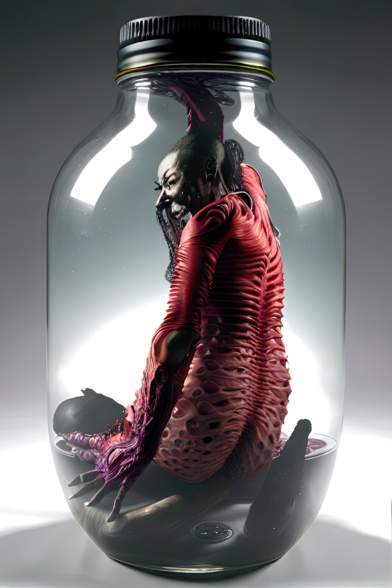a photographic illustration of a seated humanoid entity still attempting to resolve skin seated on the settled contents of a clear glass jar with a screw-top lid