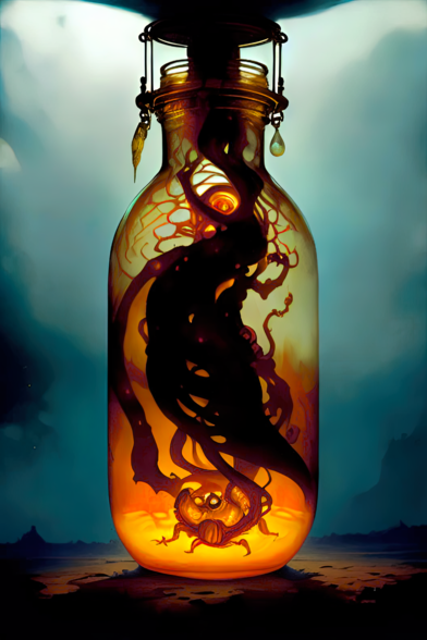 a photographic depiction of an opened glass jar containing a root-tendriled vaguely humanoid entity on a bit of dry landscape backed by clouds