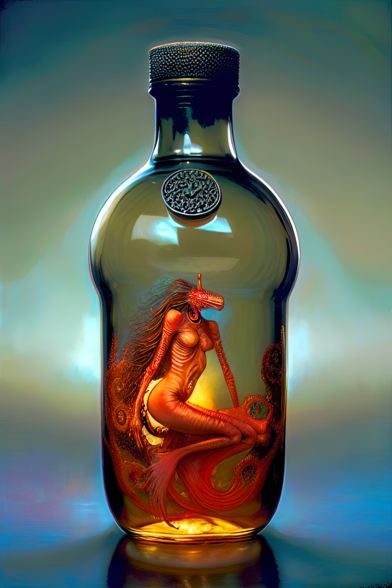 a photographic depiction of an equine-featured humanoid individual (unclothed) forming in a sealed clear glass bottle