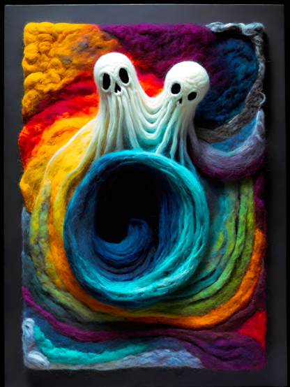 a photographic depiction of a sculptural textile wall-hanging in bright colors of a pair of 