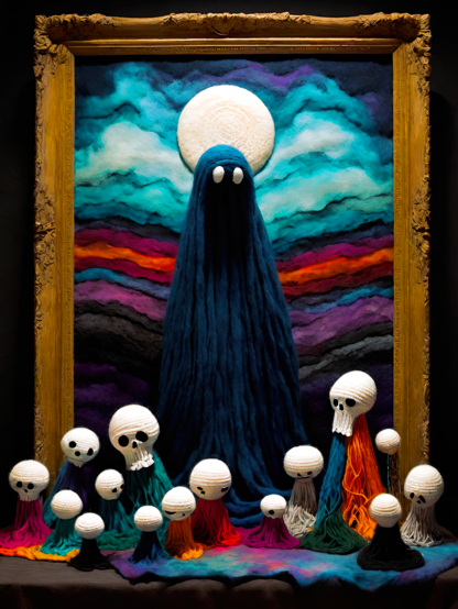 a photographic depiction of a framed textile rendering of a dark sheet-draped haunt with a rainbow-colored carpet emerging from the bottom of the frame from which a number of minor spooks emerge like mushrooms
