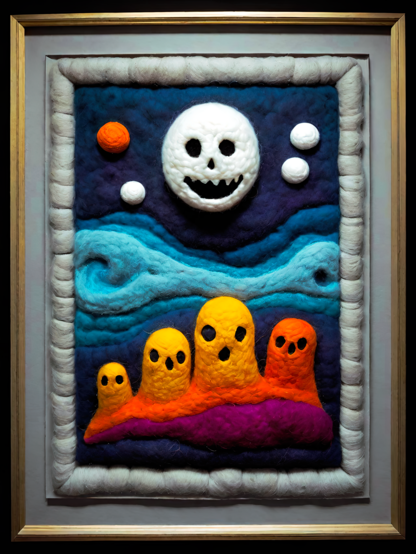 a photographic depiction of a framed textile scene of a toothy grinning moon in a sky over four 