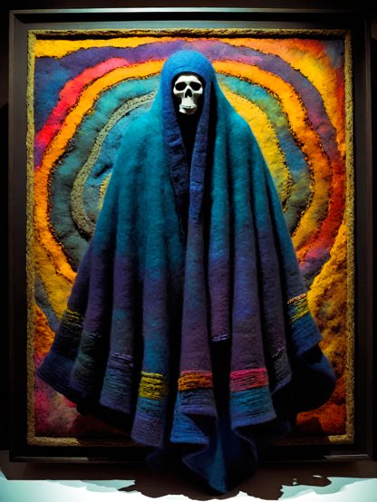 a photographic depiction of a large textile work of concentric rings in strong colors before which is standing a human-sized haunt draped in a super-fuzzy and warm blanket mostly in dark blues