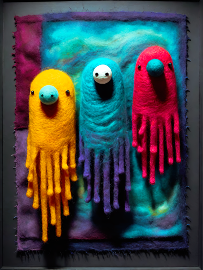 a photographic depiction of a textile rendering of a trio of drippy haunts in bright colors against an abstract backdrop of overlapping rectilinear color fields