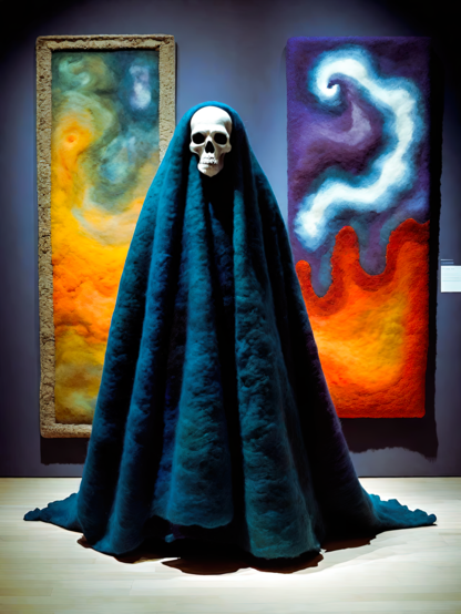 a photographic depiction of a cozy-blanket-draped humanoid-scale haunt standing between two vertical brightly colored textile wall-hangings