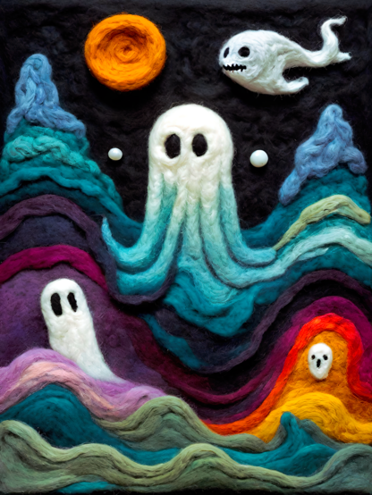 a photographic depiction of a sculptural textile panel featuring a fanciful haunted landscape